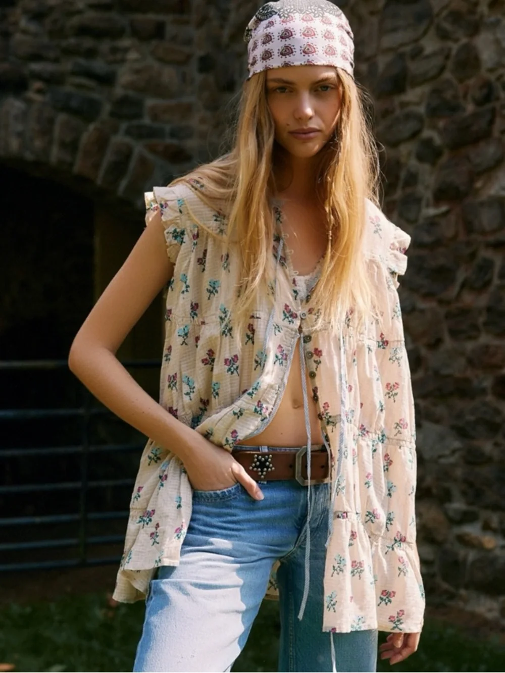 Free People Bohemian Prairie Sundown Mini Dress Tunic Top Ivory Combo Large - Picture 2 of 15